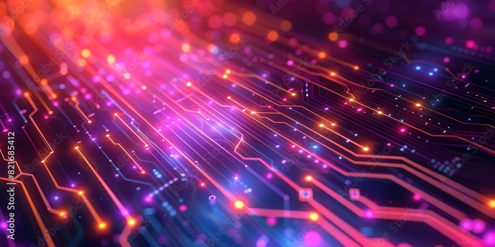 Poster pulsating neon circuit lines backdrop for technological product displays and digital concepts