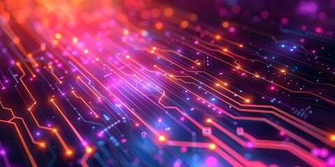 Obraz premium Pulsating Neon Circuit Lines Backdrop for Technological Product Displays and Digital Concepts