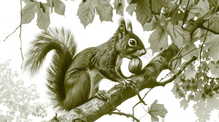Obraz premium A grayscale photo shows a squirrel sitting on a branch holding a nut, surrounded by foliage