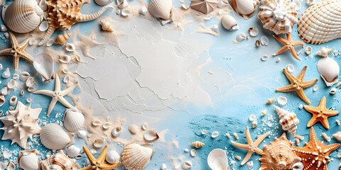 Fototapeta premium Detailed Coastal Frame with Shells and Starfish in Blue and Sandy Tones
