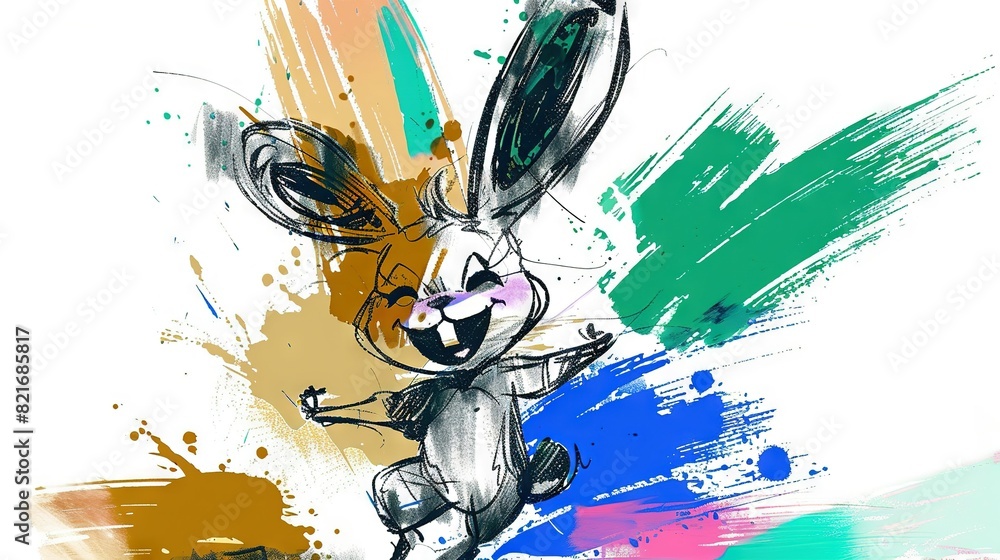 Canvas Prints drawing of a rabbit running with splattered paint on its back and arms raised