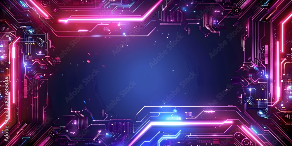 Poster sleek futuristic tech frame with neon circuits and geometric patterns in digital