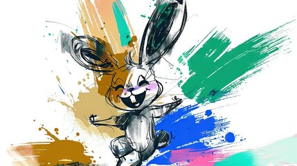   Drawing of a rabbit running with splattered paint on its back and arms raised