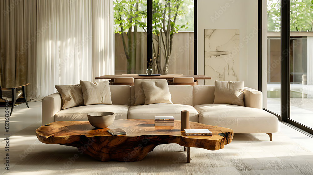Poster beige fancy sofa and rustic live edge coffee table in big room. simple home design of modern living 