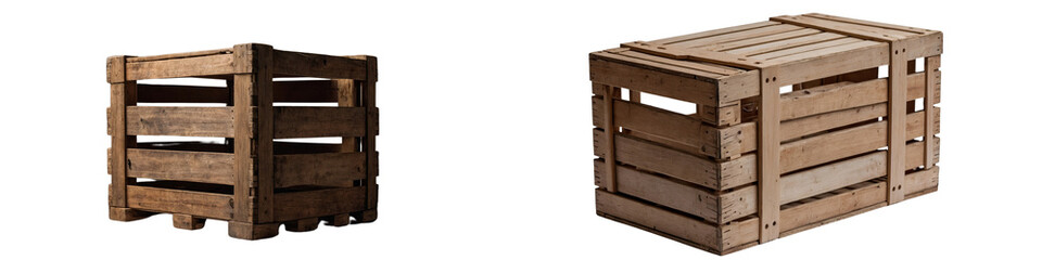 Empty wooden wood crate box on transparent background cutout, PNG file. Template for artwork design. Many assorted different range types