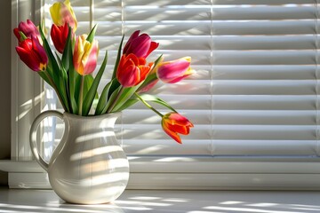 White Vase Filled With Colorful Tulips on Table