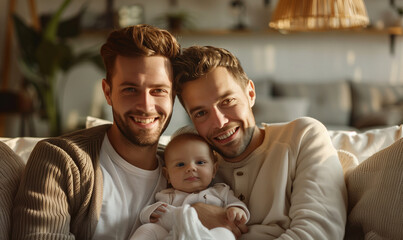 Obraz premium An LGBTQ+ couple holds their newborn baby with warm love for each other,Generative AI