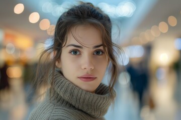 A Caucasian brunette girl posing indoors in a mall with a blurred background.