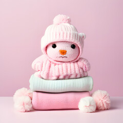 Stack of Baby Knitted Clothes on a Table A Set of Newborn Essentials Including Rompers, Hats, and Jumpers, Showcasing Fashion and Comfort for Infants