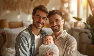 Obraz premium An LGBTQ+ couple holds their newborn baby with warm love for each other,Generative AI