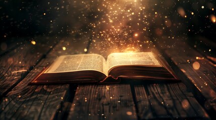 Old open book with magic light and falling stars on wood planks and dark abstract background