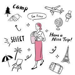 元気に歩く女性　イラスト　ベクター　ビジネス　挿絵　落書き　シンプル　手描き　海外旅行　休日
