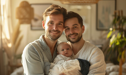 An LGBTQ+ couple holds their newborn baby with warm love for each other,Generative AI