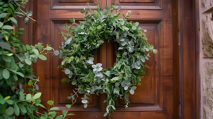 Hanging on flowers wood front door is displayed an easter wreath made of green foliage