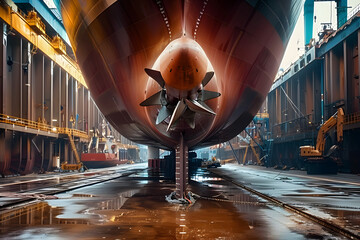 Propeller of cargo ship in dry dock undergoing maintenance: Close-up view. Concept Ship Maintenance, Propeller Inspection, Dry Dock, Close-up View AI