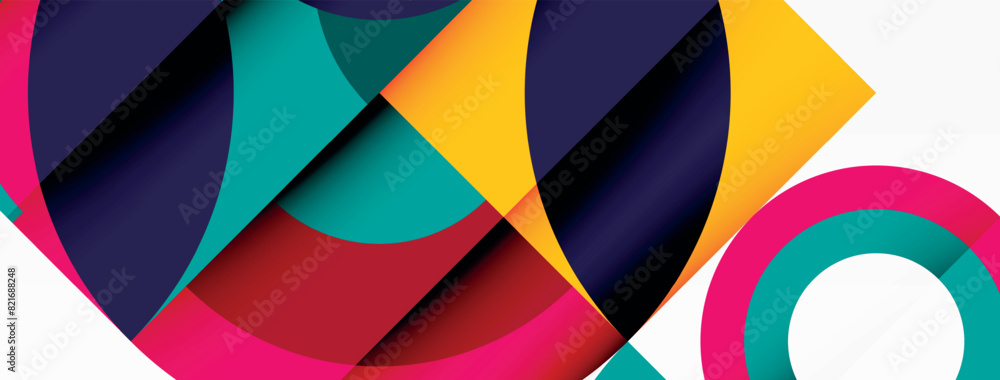 Poster an artistic design featuring colorful circles and squares against a white backdrop, embodies creativ