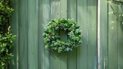 Hanging on green wood front door is displayed an easter wreath made of green foliage