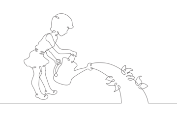 A small child waters a plant from a watering can. The child takes care of the plants. Environment. Vegetable garden.One continuous line. Line art. Minimum one line. White background. One line drawing.