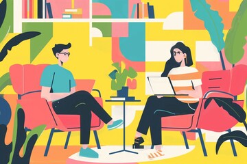 Fototapeta premium Two people are sitting in chairs in a room with a potted plant in front of them generated by AI
