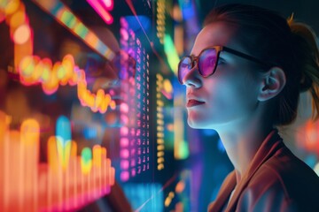 A woman is looking at a computer screen with a lot of numbers and graphs generated by AI