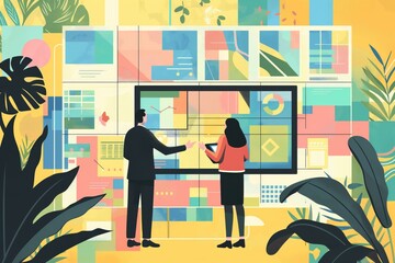 Two people are looking at a computer screen with a green background generated by AI