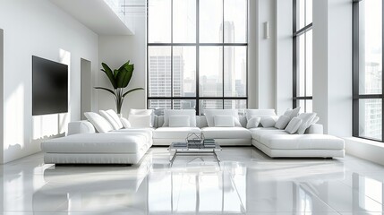 Modern White Living Room With Large Windows