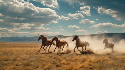 Fototapeta premium A dramatic horseback chase unfolds across a plain, sending clouds of dust as the horses thunder forward.