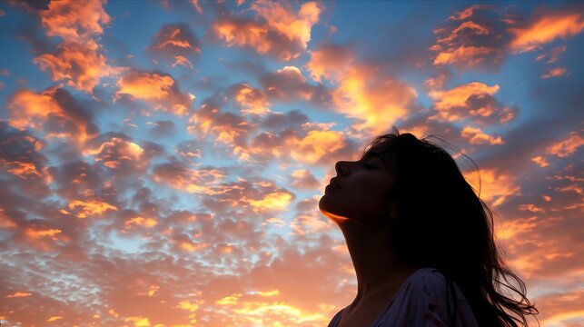 A woman is silhouetted against a cloudy sky.