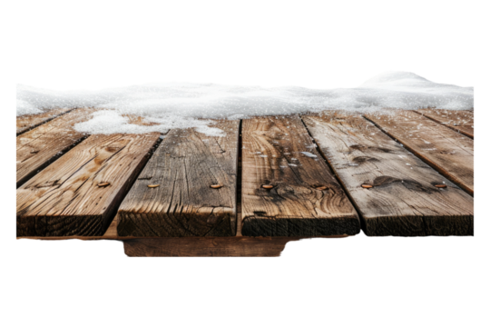 Winter wooden table with snow Isolated on transparent background