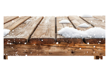 Winter wooden table with snow Isolated on transparent background