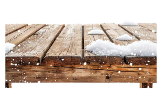 Winter wooden table with snow Isolated on transparent background