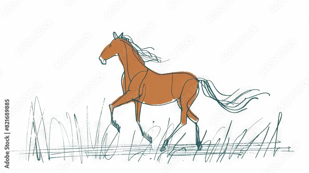 Sticker   A horse galloping through a field of tall grass with long hair blowing in the wind, on a white background