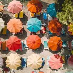 Top view of beach with colorful umbrellas