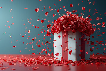 Valentine's Day concept. Valentines gift boxes tied with a red satin ribbon bow and beautiful roses on rustic background.