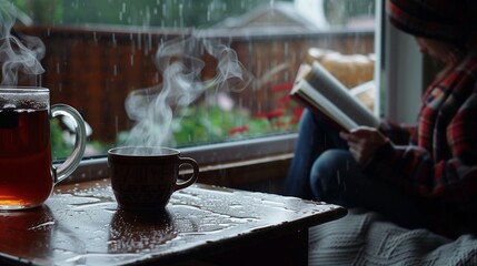 A rainy day scene: someone sits by the window, engrossed in a book, with a steaming cup of tea nearby.
