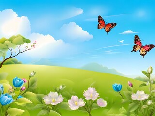 spring meadow with flowers and butterflies