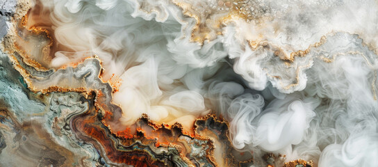 Abstract marble texture with rusty metal and white smoke