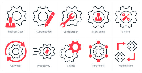 A set of 10 settings and configuration icons as business gear, customization, configuration