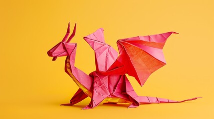 origami dragon pink and yellow background