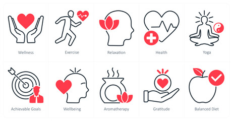 A set of 10 wellness icons as wellness, exercise, relaxation
