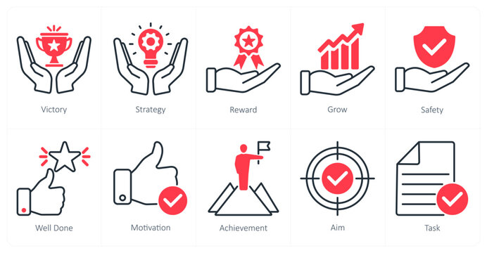 A set of 10 success icons as victory, strategy, reward
