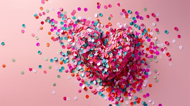 Heart shape made of colorful confetti pink backdrop with scattered paper circles