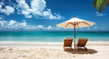 Fototapeta premium Two Lounge Chairs Under an Umbrella on a Beach