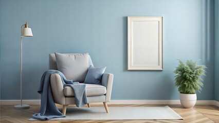 Reading Nook white blank Frame Mockup – Soft Gray Frame: A cozy reading nook with a soft gray frame on a light blue wall, perfect for tranquil and relaxing art presentations.
