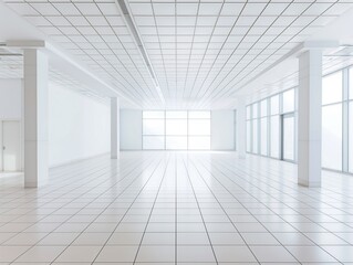 Naklejka premium Bright, empty white room with large windows, tiled floor, and ceiling. Ideal for office, gallery, or showroom.