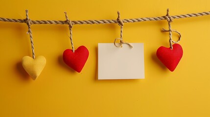 Hearts and a note hang on a rope on yellow background