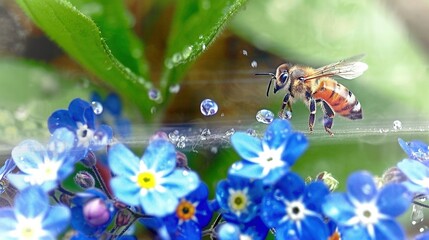   A bee perched atop a blue blossom alongside a cluster of blue flowers, adorned with water droplets