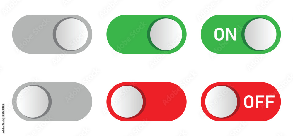 Poster on and off toggle switch button. set of power switch png icons for ui, app, website. vector illustra