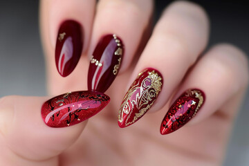 close up sparkling red color gel polish painting beautiful 3D rose flower decorate d with shiny rhinestone and glitter on fashionista woman long square shape acrylic fingernail
