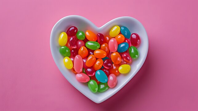 jelly bean candy top view of colorful candy sweets in a heart shaped plate for valentine day